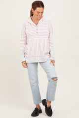 Light Pink Textured Stripe Button Up Hoodie
