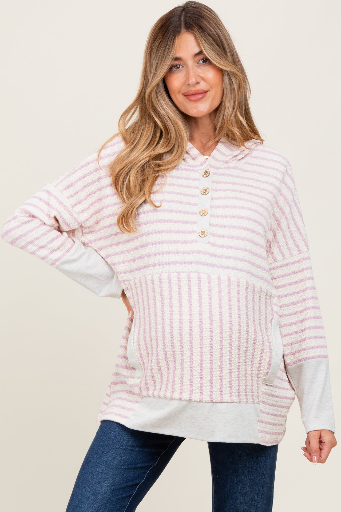 Light Pink Textured Stripe Button Up Maternity Hoodie