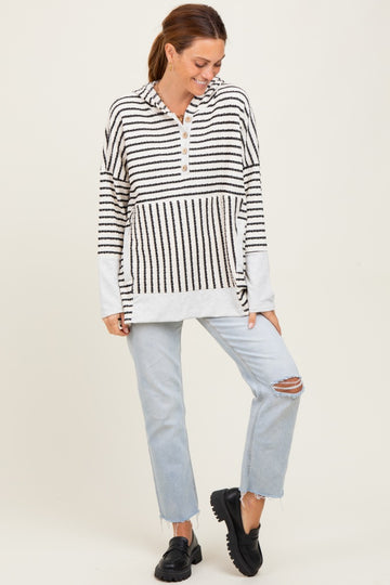 Cream Textured Stripe Button Up Hoodie