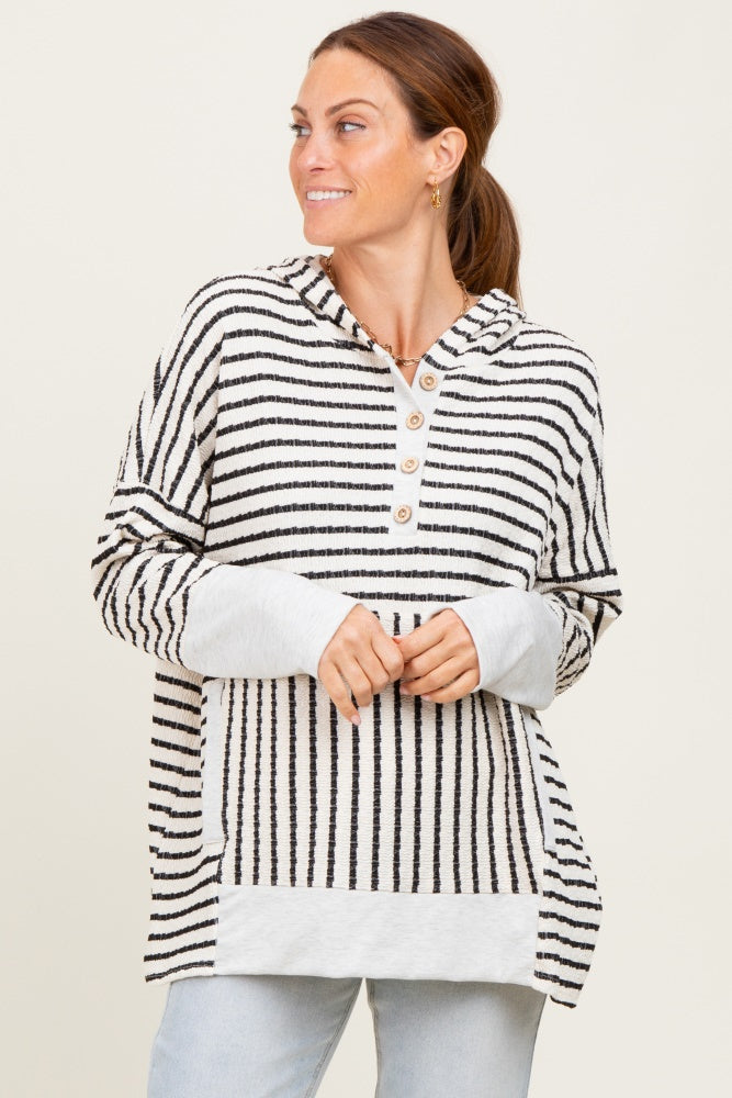 Cream Textured Stripe Button Up Maternity Hoodie
