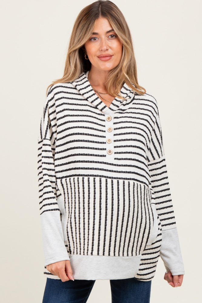 Cream Textured Stripe Button Up Maternity Hoodie