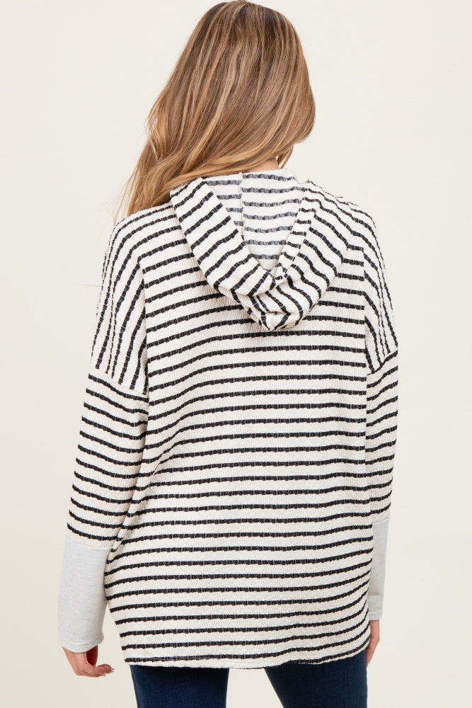 Cream Textured Stripe Button Up Maternity Hoodie