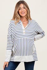 Light Navy Textured Stripe Button Up Maternity Hoodie