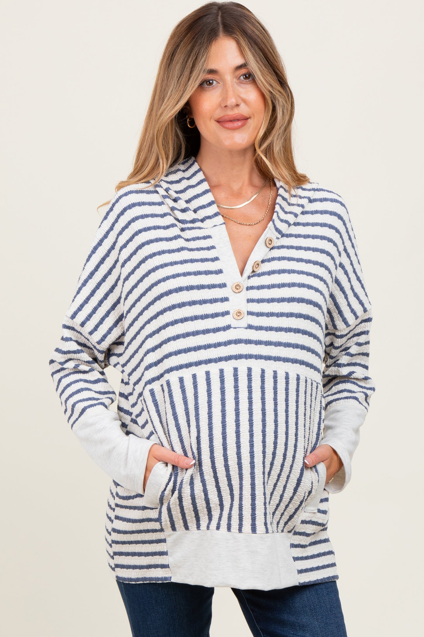 Light Navy Textured Stripe Button Up Maternity Hoodie