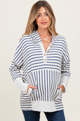 Light Navy Textured Stripe Button Up Maternity Hoodie