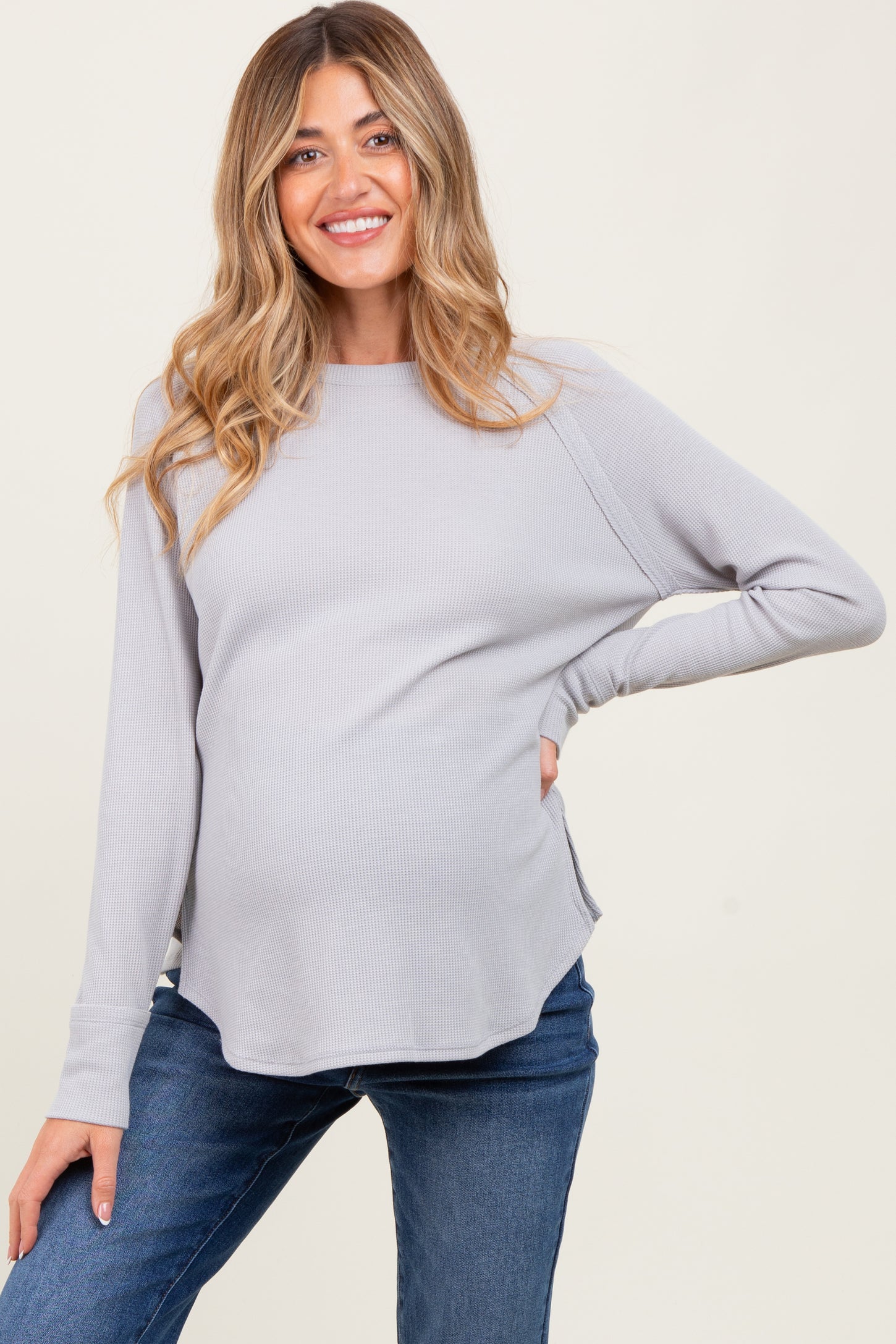 Light Grey Baby Waffle Knit Long Sleeve Maternity Top