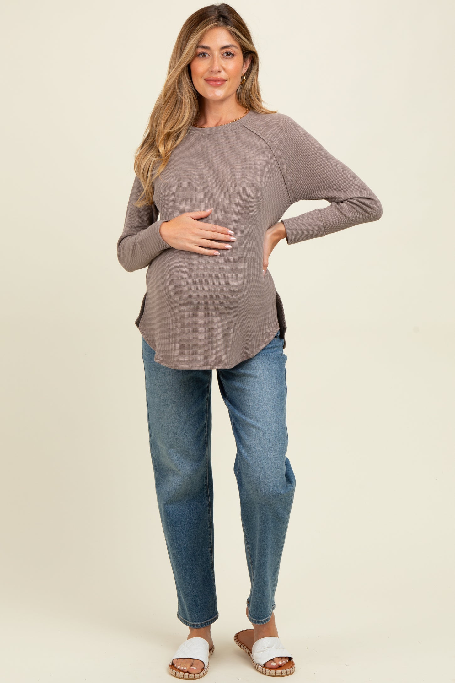 Taupe Baby Waffle Knit Long Sleeve Maternity Top