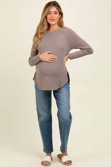 Taupe Baby Waffle Knit Long Sleeve Maternity Top