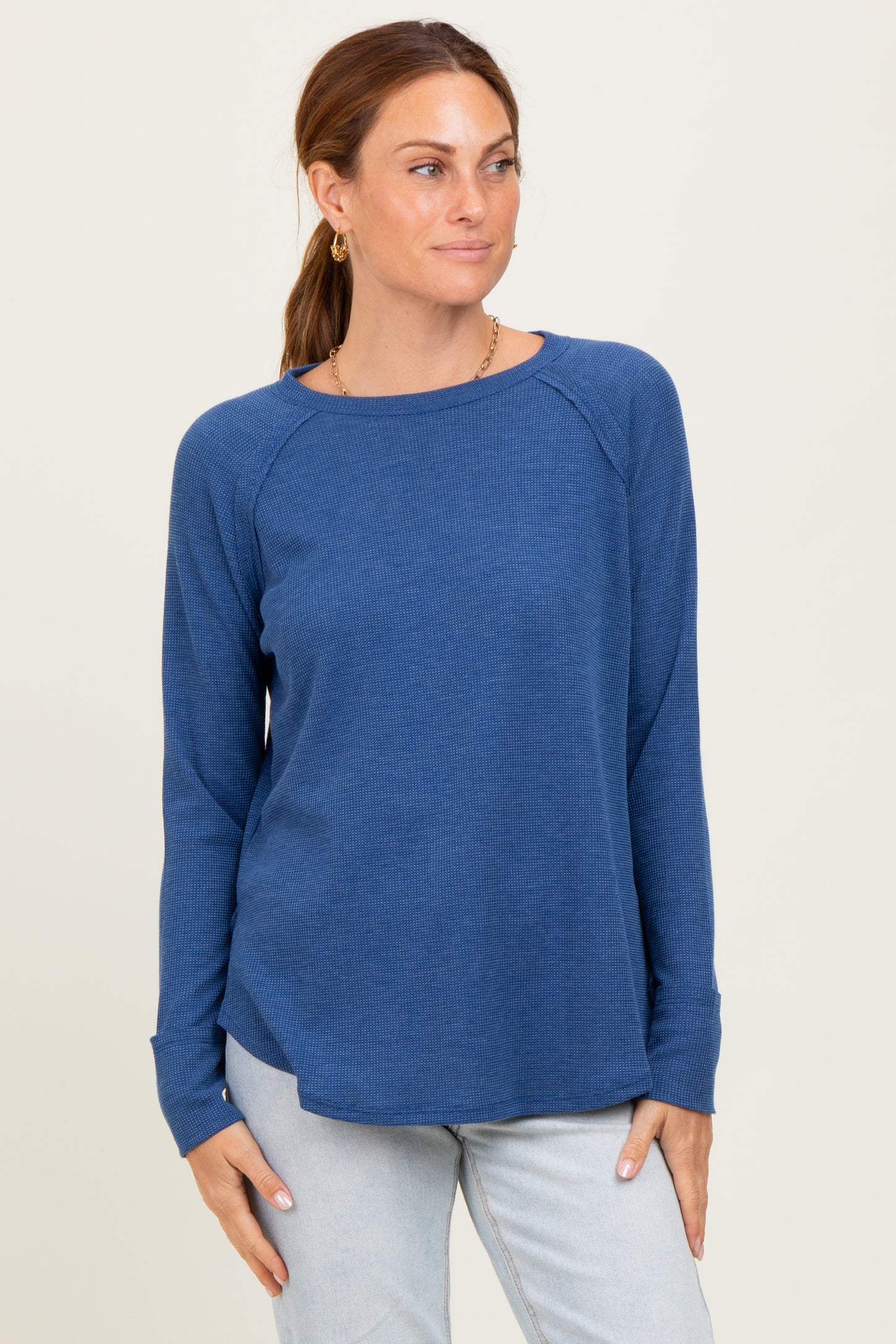 Light Navy Baby Waffle Knit Long Sleeve Top