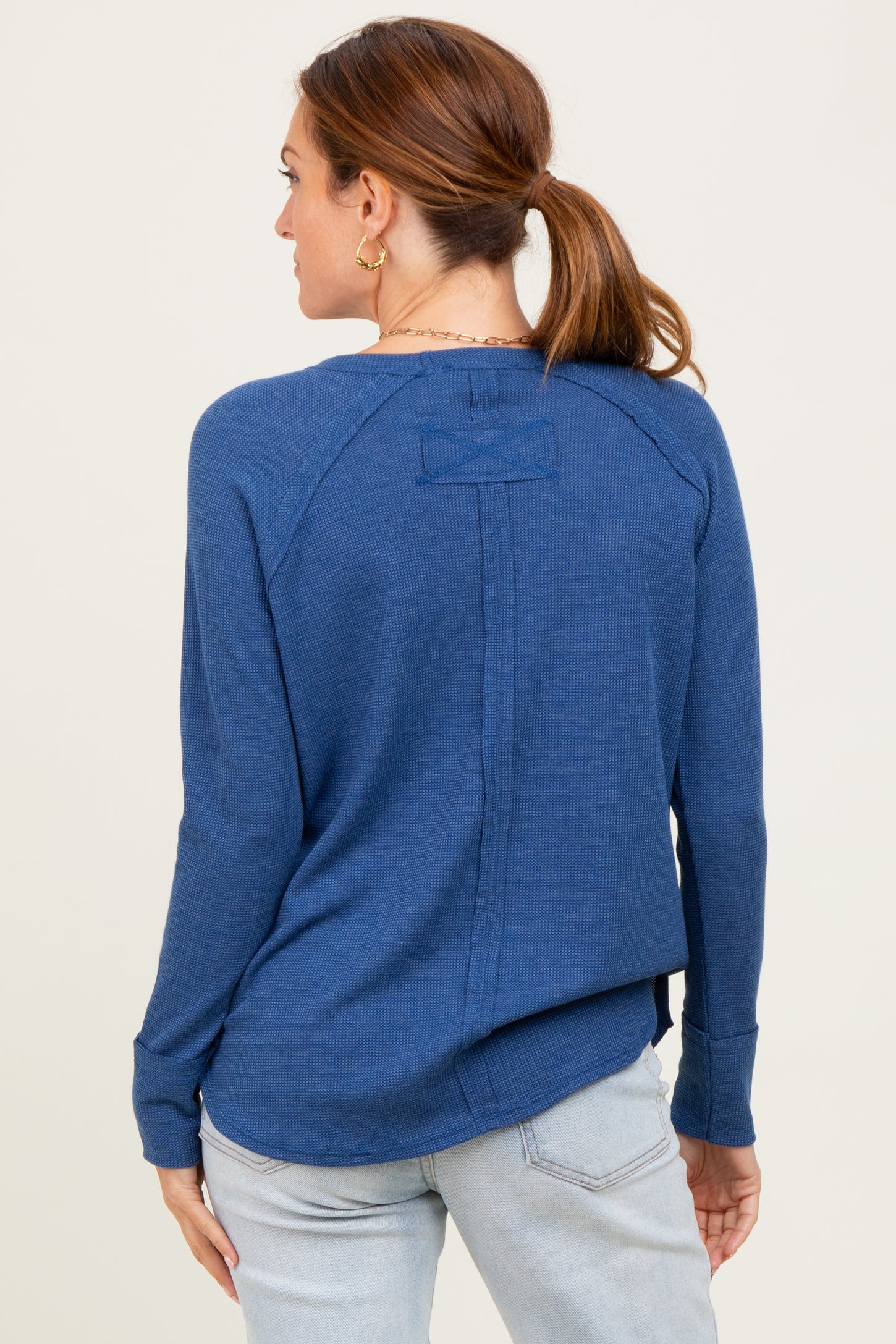 Light Navy Baby Waffle Knit Long Sleeve Top
