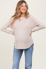 Beige Baby Waffle Knit Long Sleeve Maternity Top