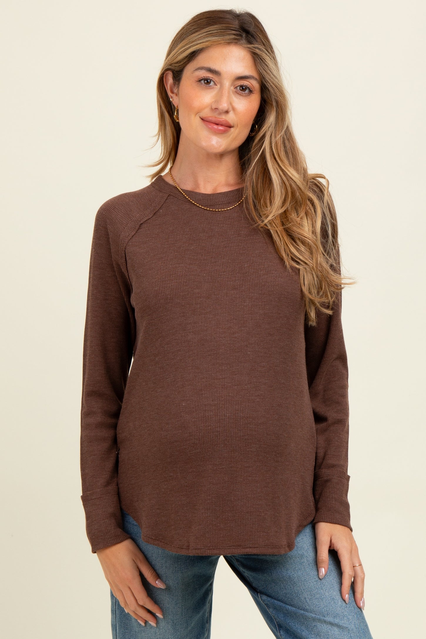 Brown Baby Waffle Knit Long Sleeve Maternity Top