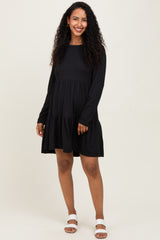 Black Textured Rib Tiered Long Sleeve Maternity Dress