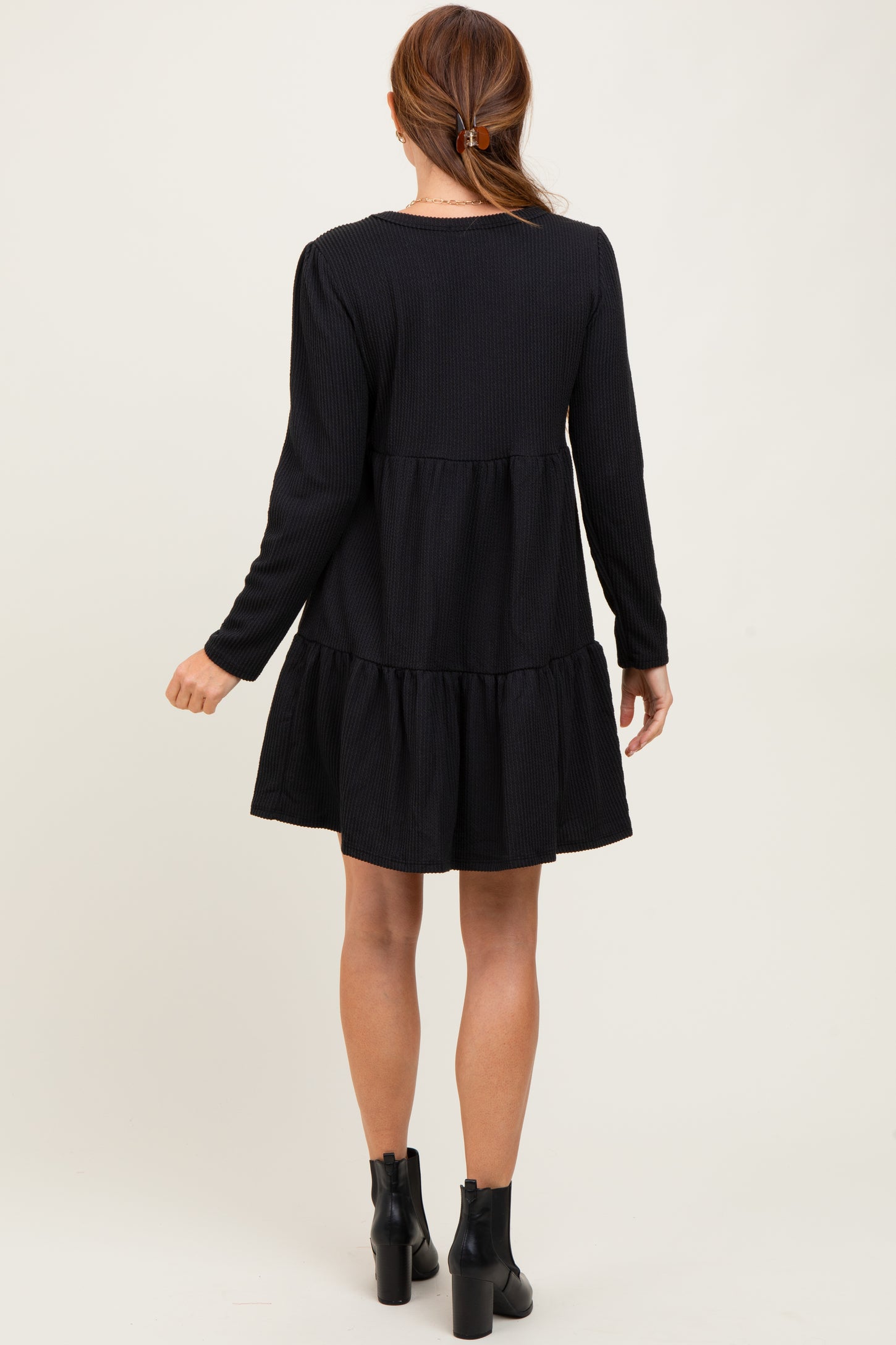 Black Textured Rib Tiered Long Sleeve Dress
