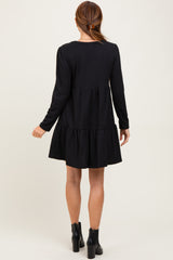 Black Textured Rib Tiered Long Sleeve Dress