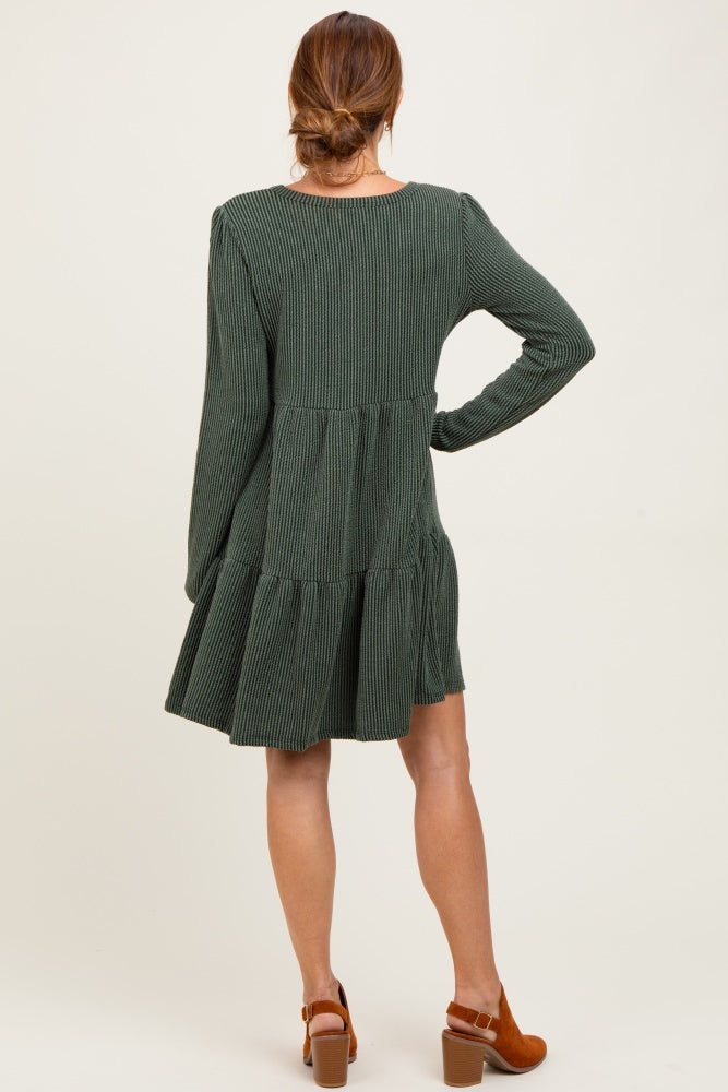 Olive Textured Rib Tiered Long Sleeve Dress