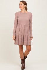Taupe Textured Rib Tiered Long Sleeve Dress