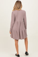 Mauve Textured Rib Tiered Long Sleeve Maternity Dress