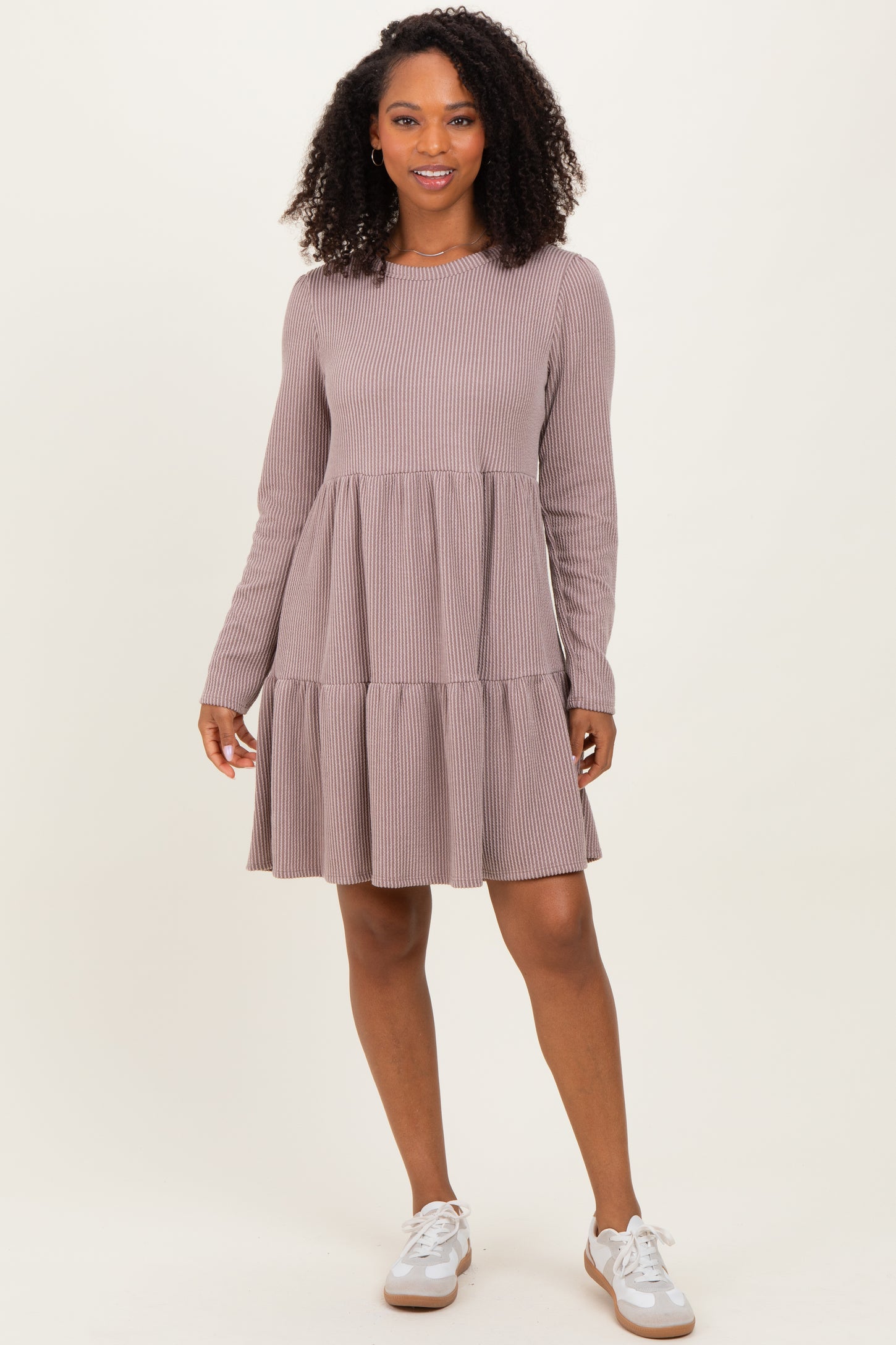 Mauve Textured Rib Tiered Long Sleeve Maternity Dress – PinkBlush