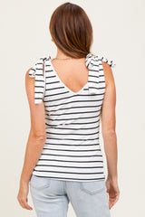 Ivory/Black Striped Ribbed V-Neck Shoulder Tie Sleeveless Top
