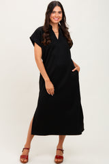 Black Collared Short Sleeve Midi Dress