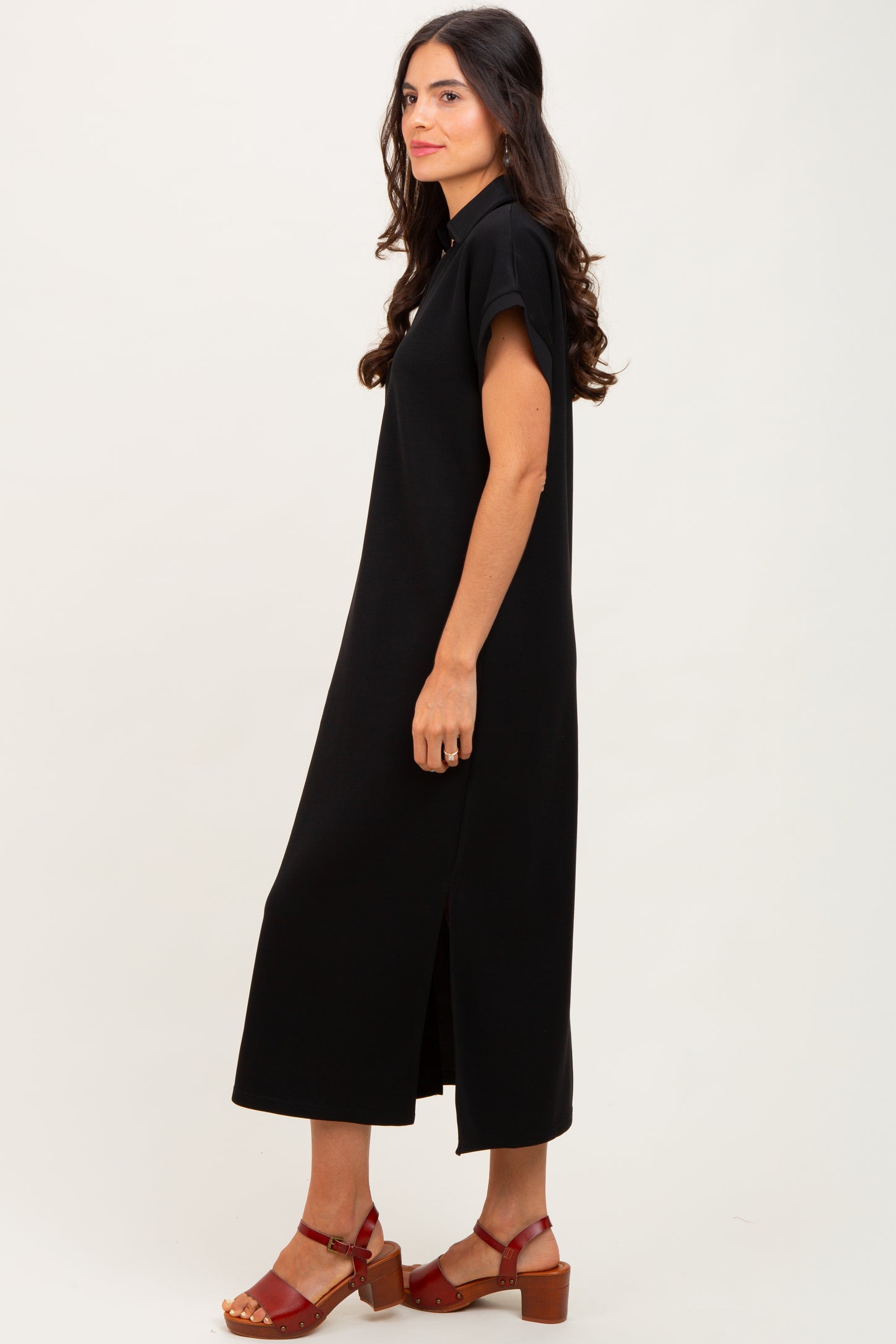 short sleeve collared midi dress Collared Short-Sleeve Midi Dress With Structured Waist