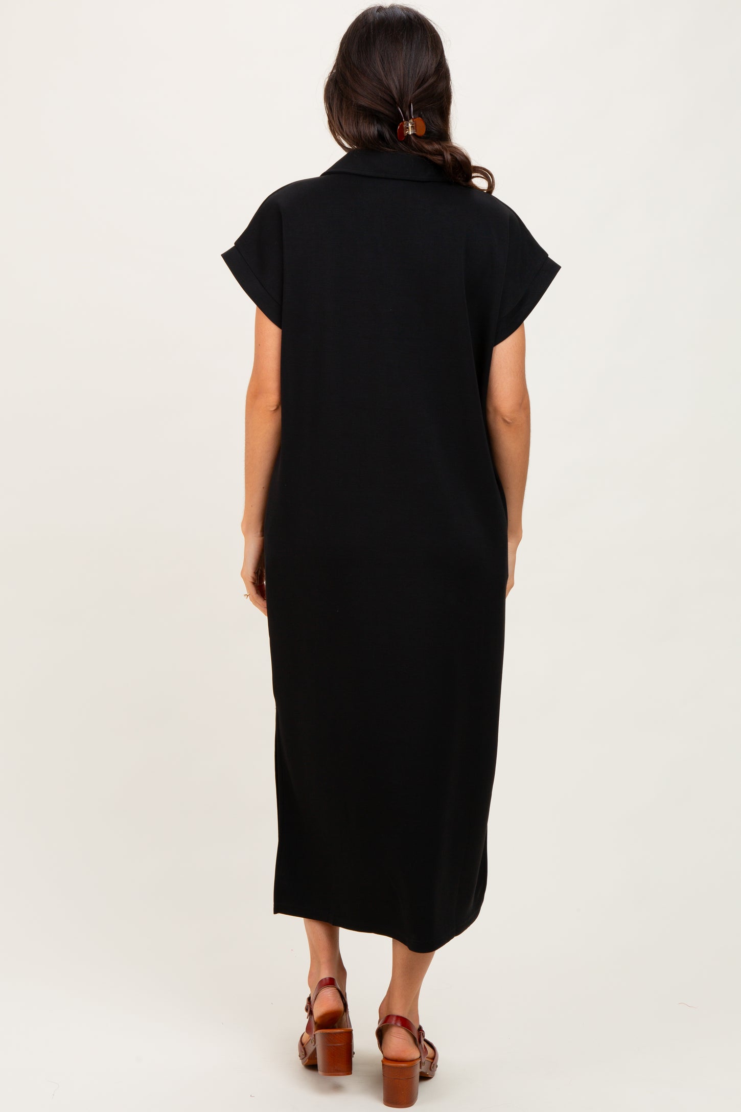 Black Collared Short Sleeve Midi Dress