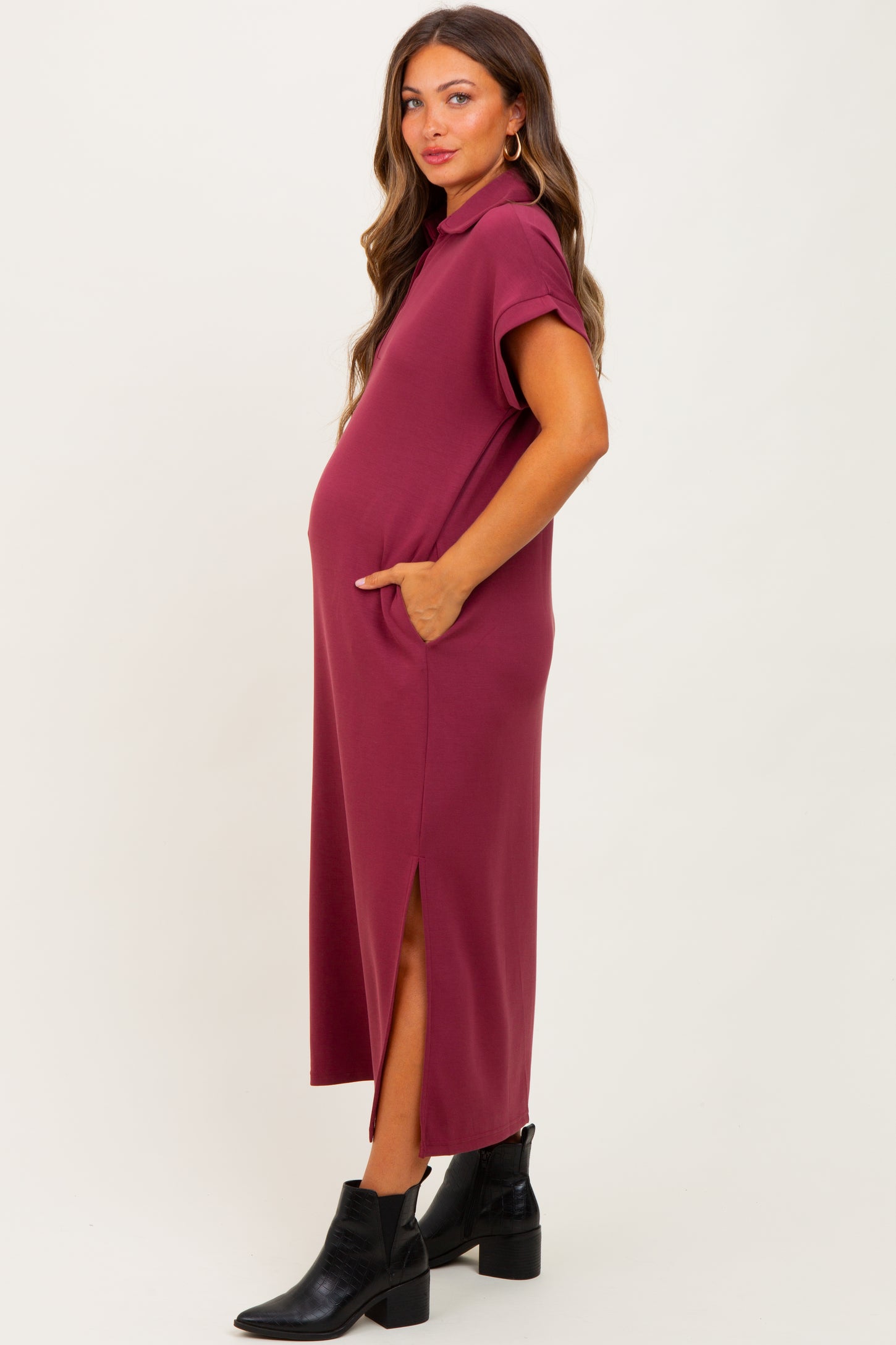 Burgundy Collared Short Sleeve Maternity Midi Dress – PinkBlush