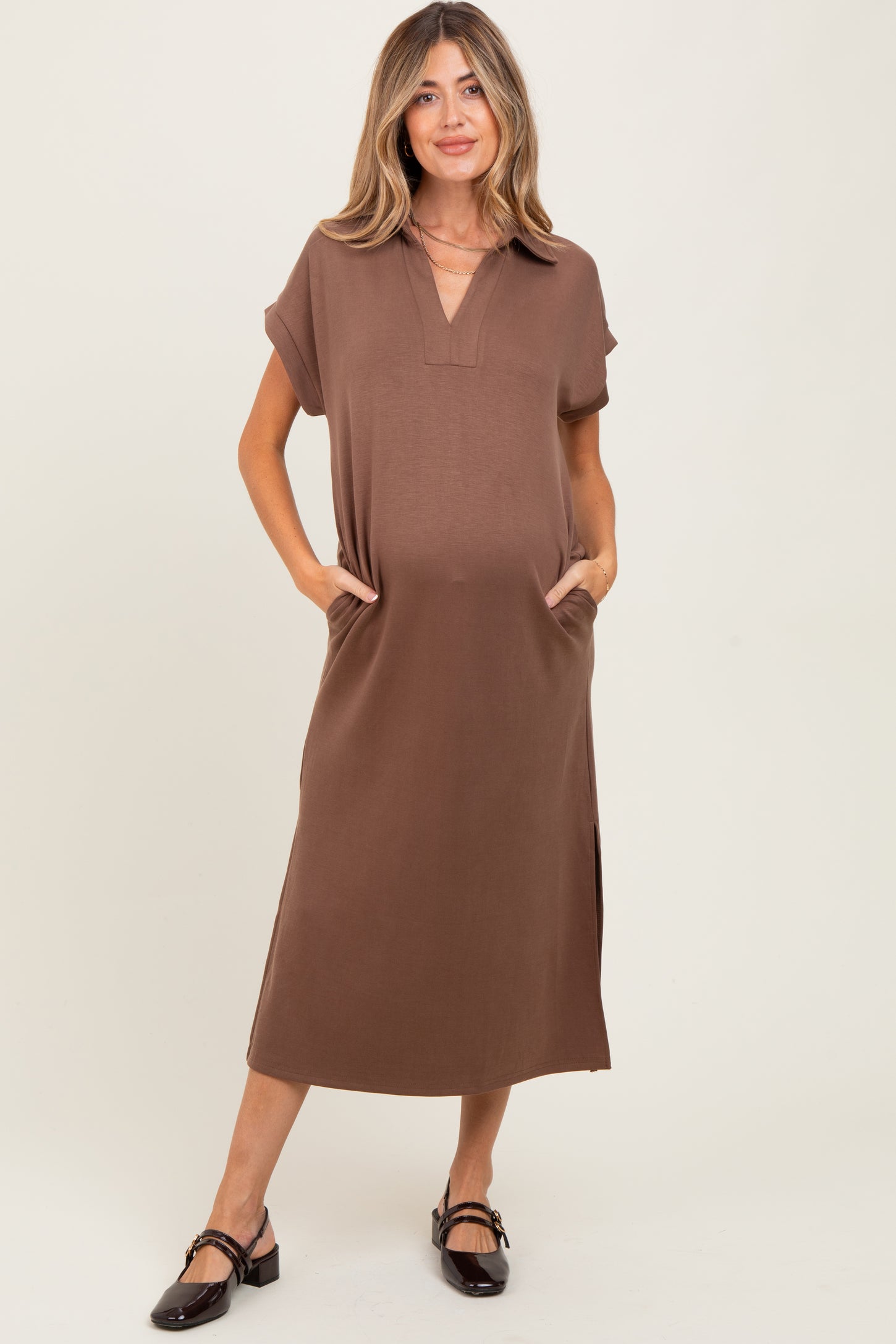 Mocha Collared Short Sleeve Maternity Midi Dress Mocha Collared Short Sleeve Maternity Midi Dress