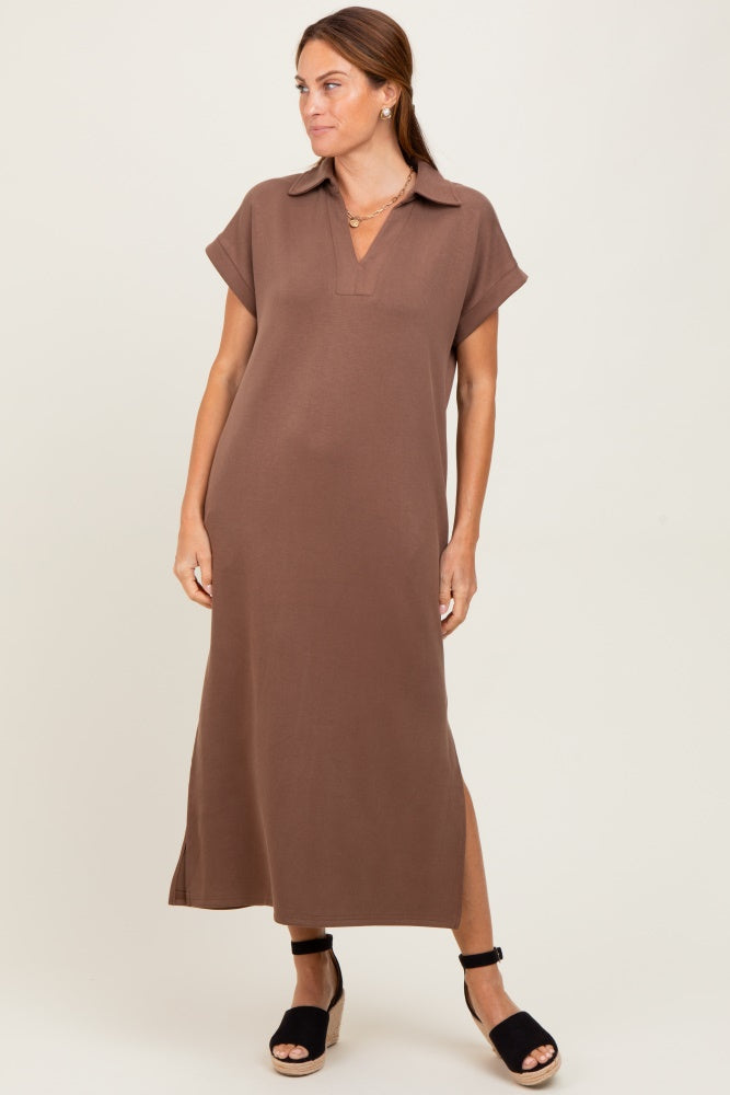 Mocha Collared Short Sleeve Maternity Midi Dress