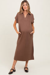 Mocha Collared Short Sleeve Maternity Midi Dress