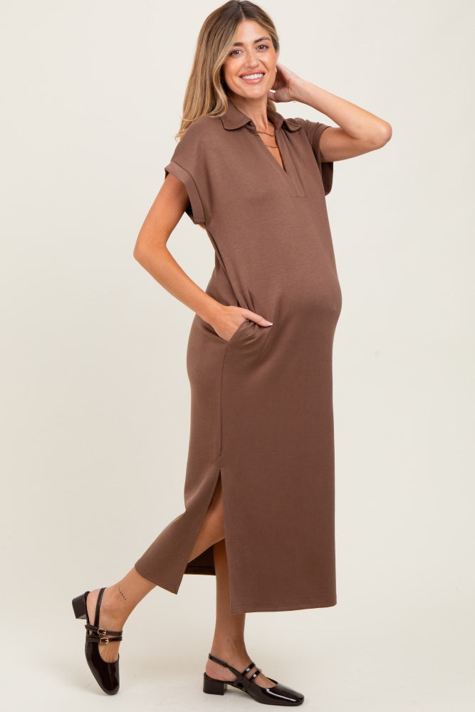 Mocha Collared Short Sleeve Maternity Midi Dress