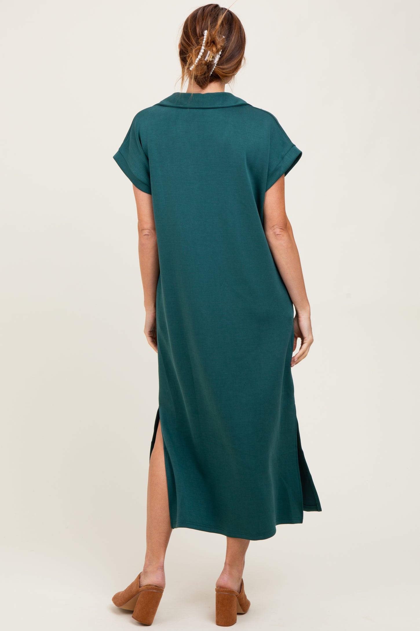 short sleeve collared midi dress Forest Green Collared Short Sleeve Midi Dress