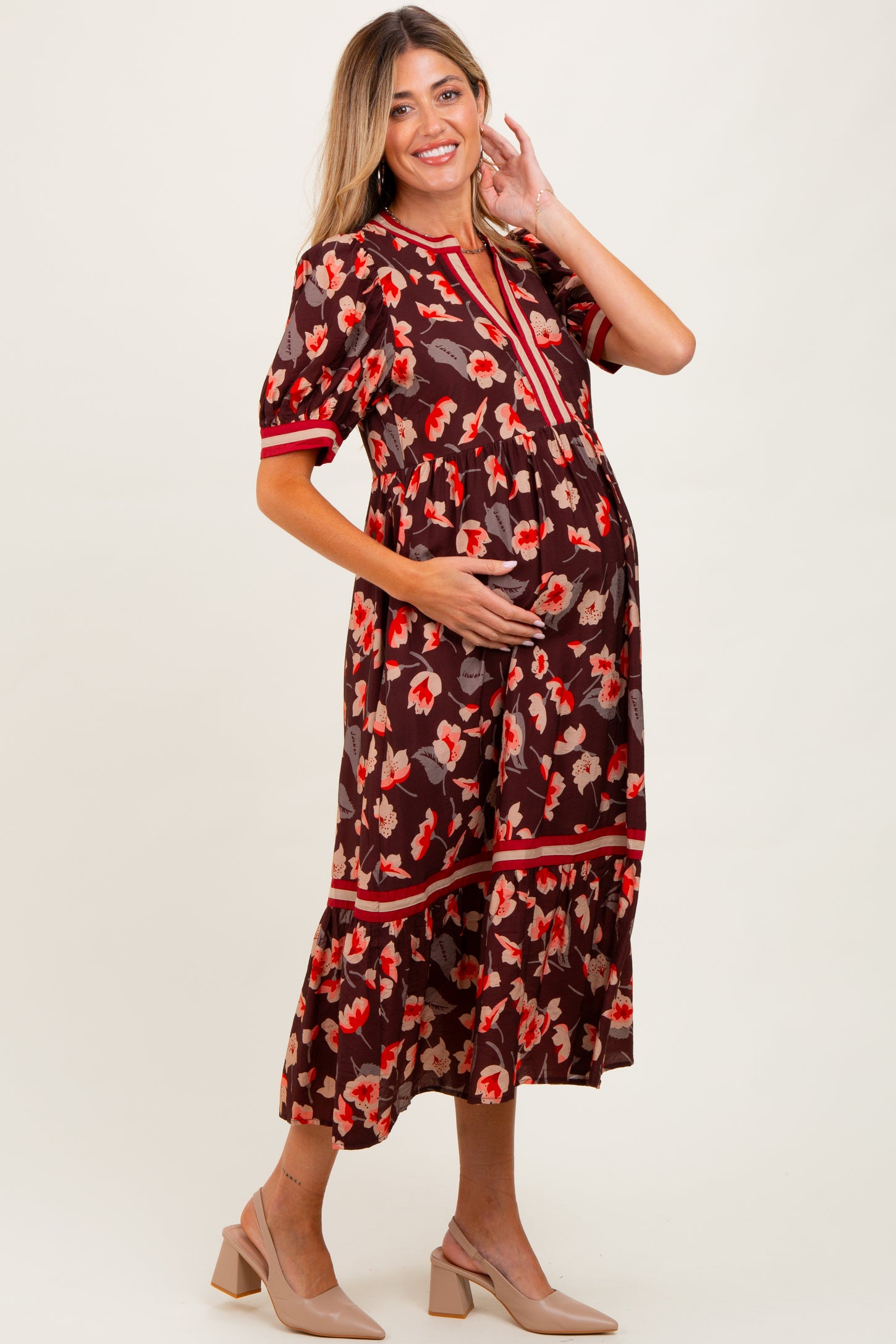 Brown Floral Contrast Trim Maternity Midi Dress