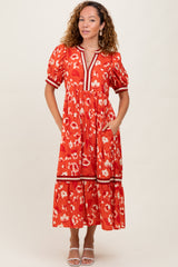 Red Floral Contrast Trim Midi Dress