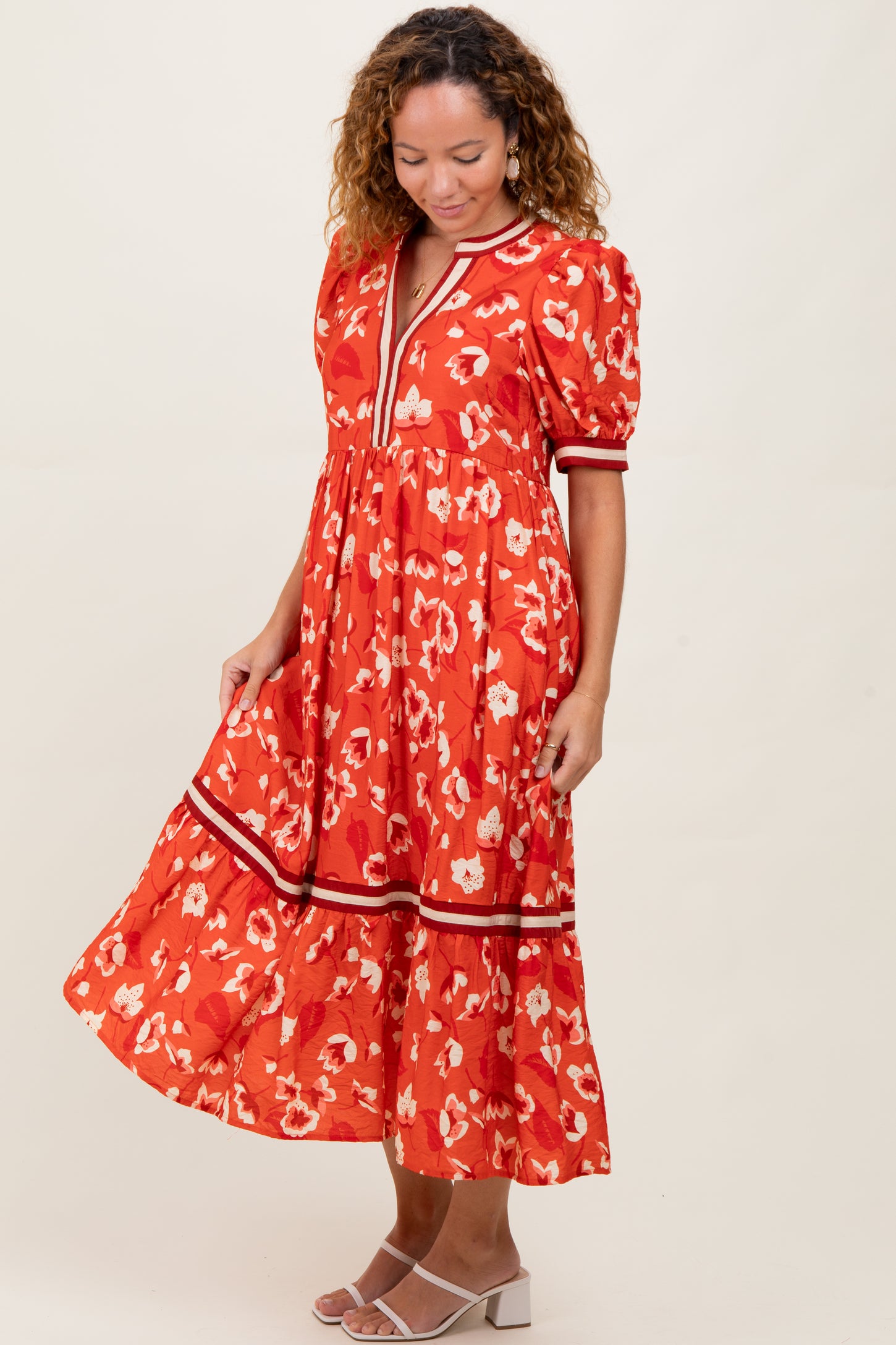 Red Floral Contrast Trim Midi Dress