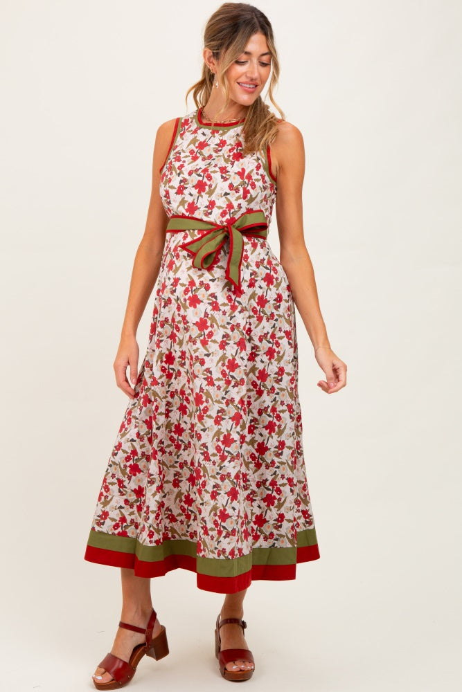 Cream Floral Contrast Trim Sleeveless Maternity Midi Dress