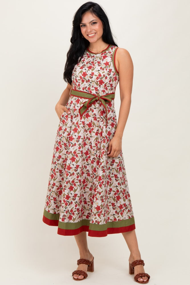 Cream Floral Contrast Trim Sleeveless Midi Dress