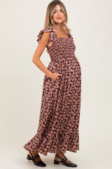 Brown Floral Smocked Maternity Midi Dress