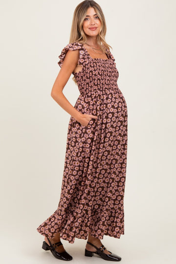 Brown Floral Smocked Maternity Midi Dress