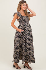 Black Floral Smocked Maternity Midi Dress
