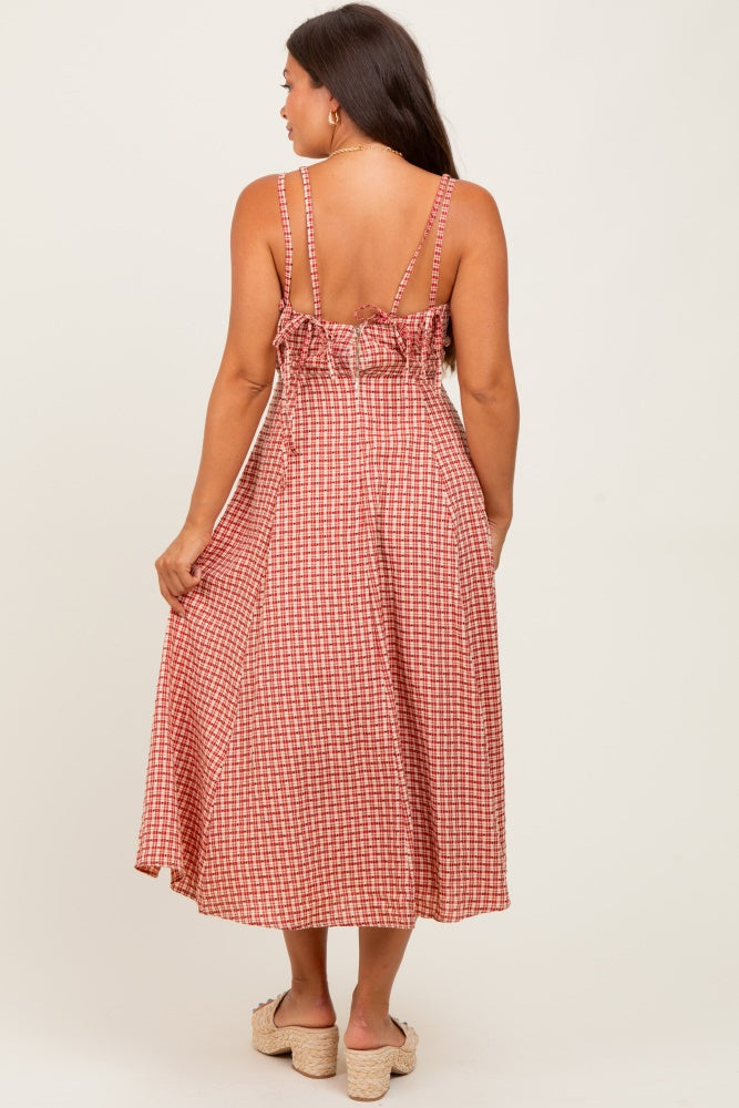 Red Plaid Double Strap Sleeveless Maternity Midi Dress