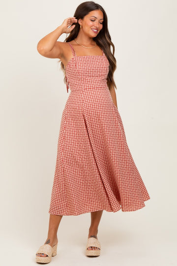 Red Plaid Double Strap Sleeveless Maternity Midi Dress
