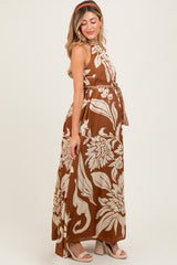 Camel Floral Halter Sleeveless Maternity Maxi Dress