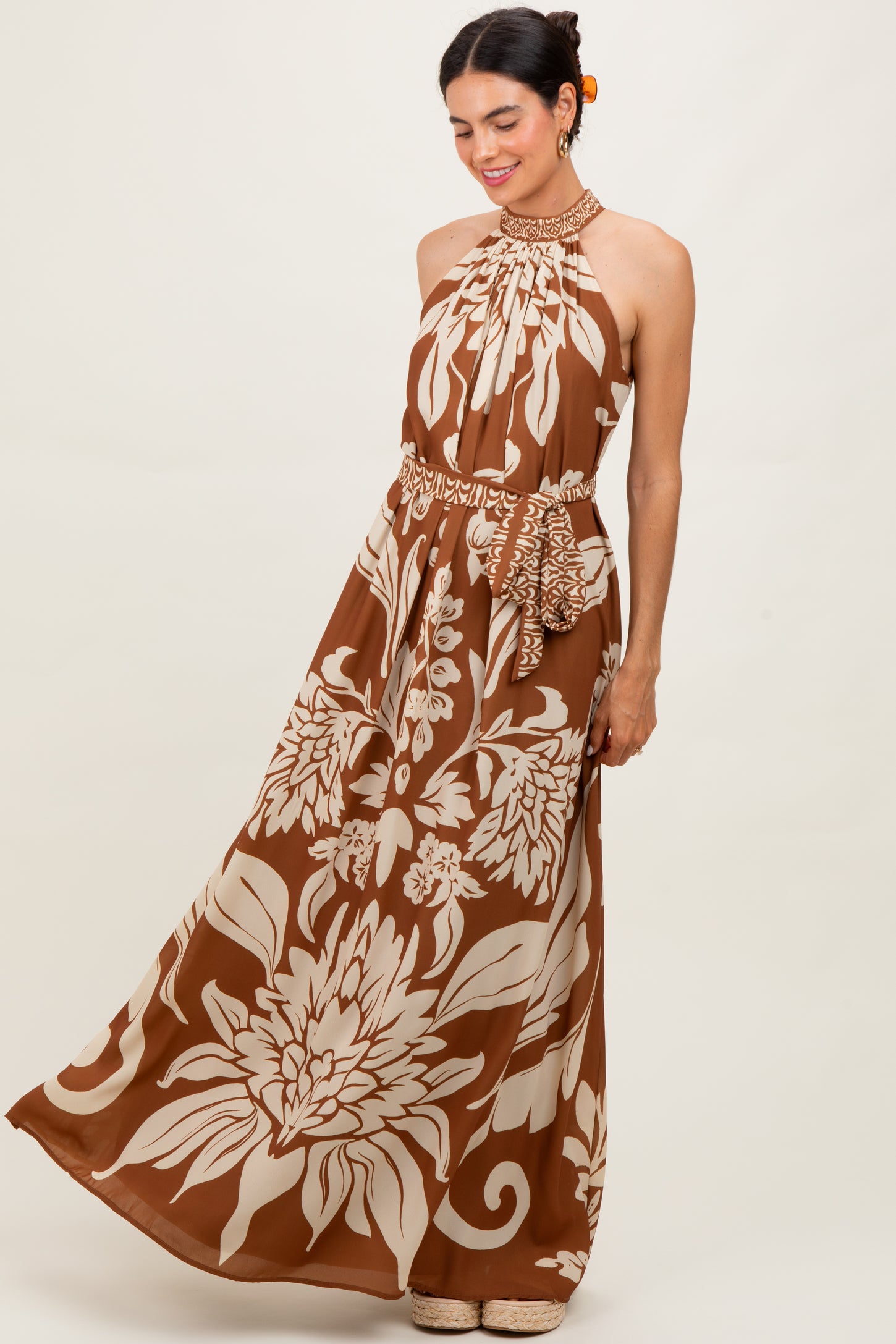 Camel Floral Halter Sleeveless Maxi Dress