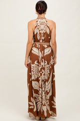 Camel Floral Halter Sleeveless Maxi Dress