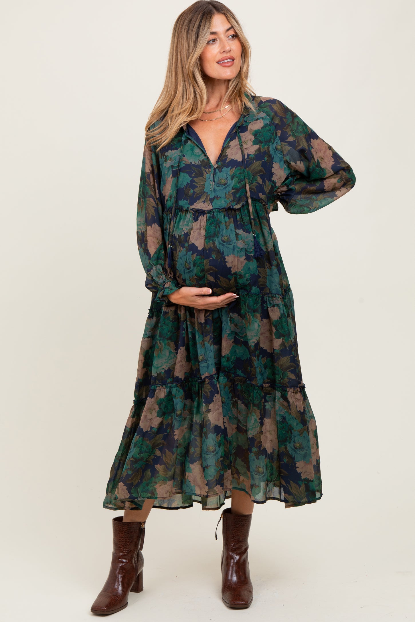 Navy Floral Chiffon Ruffle Tiered Maternity Midi Dress