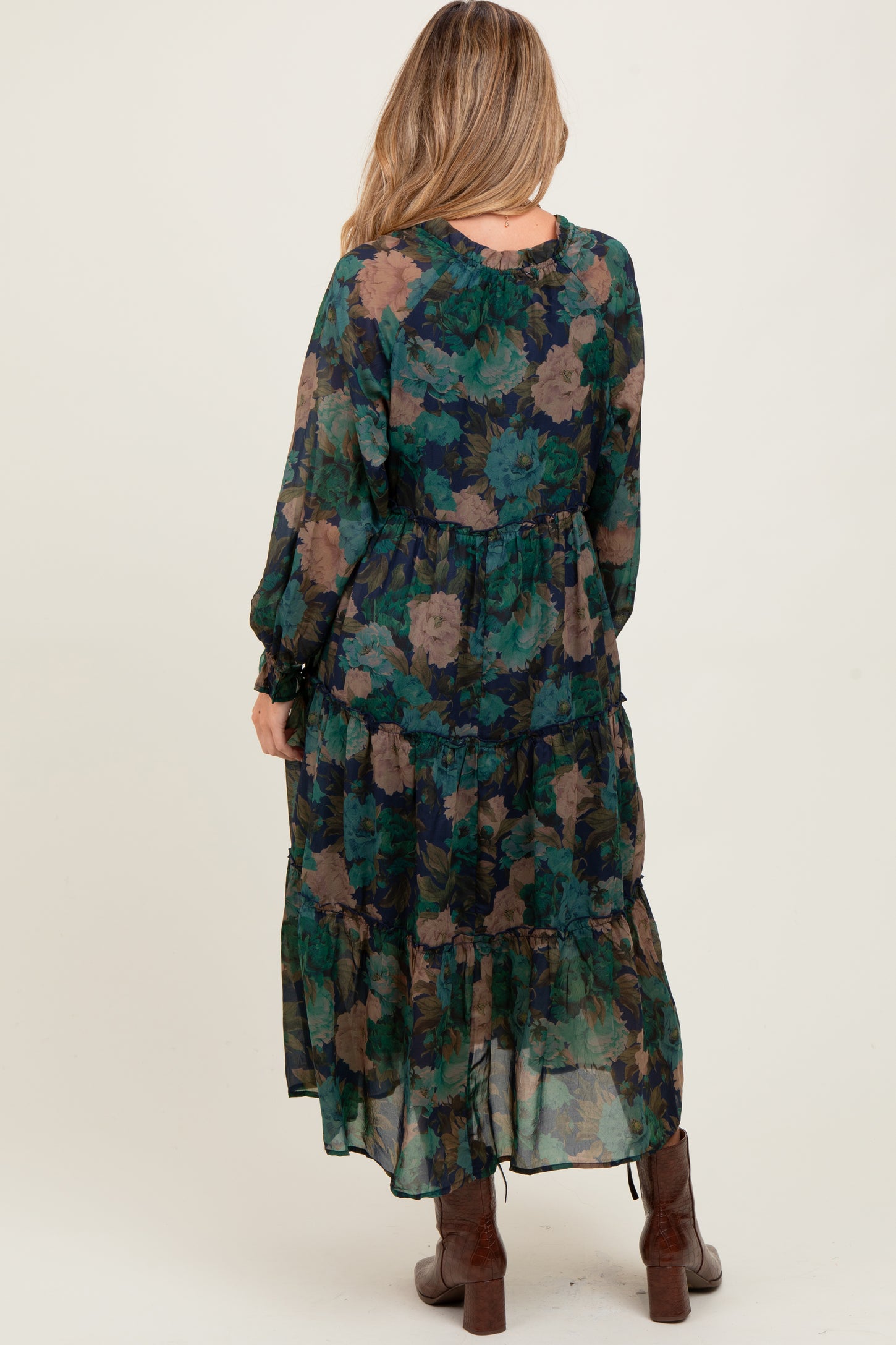 navy floral chiffon midi dress Navy Floral Chiffon Ruffle Tiered Maternity Midi Dress