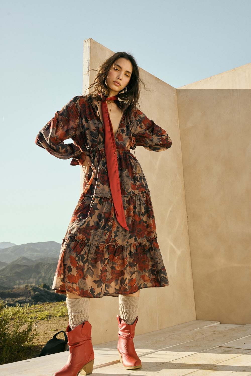 Beige Floral Chiffon Ruffle Tiered Maternity Midi Dress