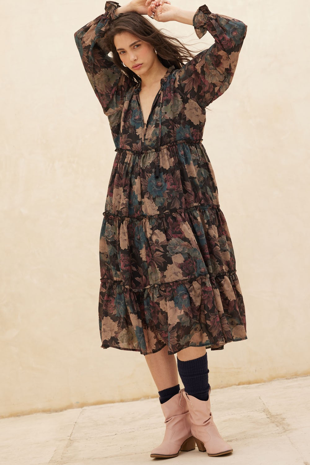 Black Floral Chiffon Ruffle Tiered Midi Dress – PinkBlush